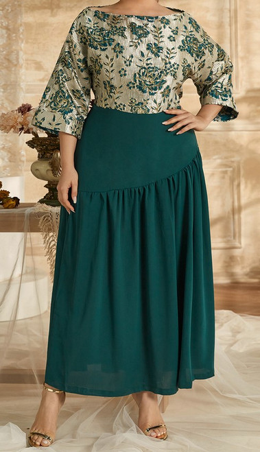 Hunter, Dark Teal, & Gold Foil Maxi-Length, 4X Plus Size 22-24 Dress