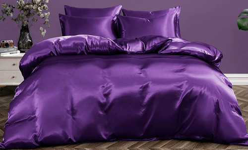 7-Piece King/Queen Duvet Comforter Cover Purple & Gray Satin Bedding Set with Throw Pillow Covers