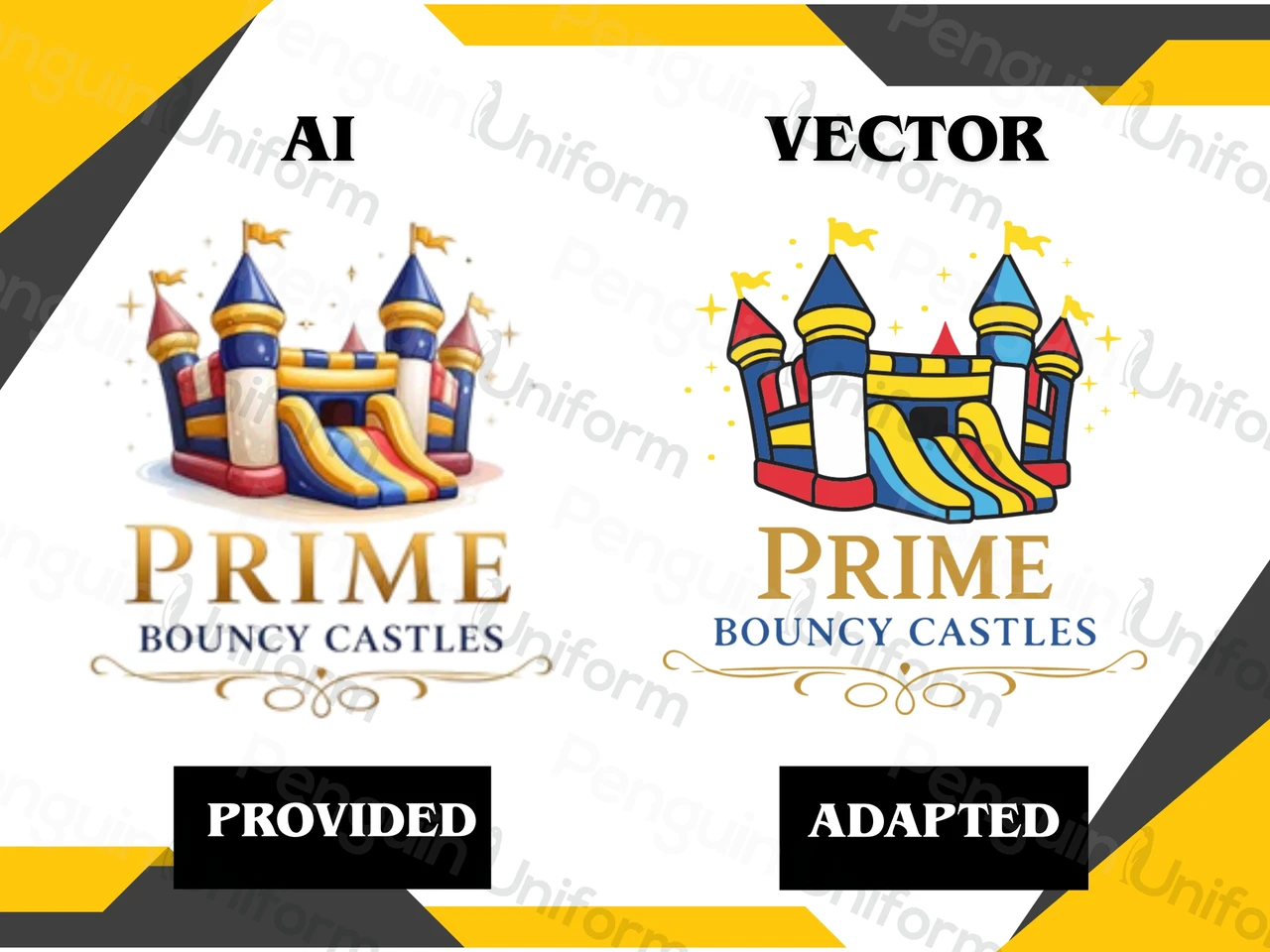 An AI-generated logo shown beside its adapted vector version — the AI original has soft shading and fine detail, the adapted version has clean flat colour and defined outlines