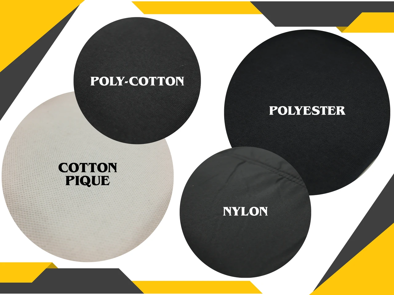 Four fabric swatches shown close-up and labelled: cotton pique, poly-cotton, polyester and nylon, each with a visibly different weave