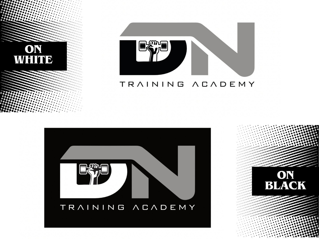 One logo presented two ways — the standard version on a white background and a reversed version on black, so it stays visible on dark garments