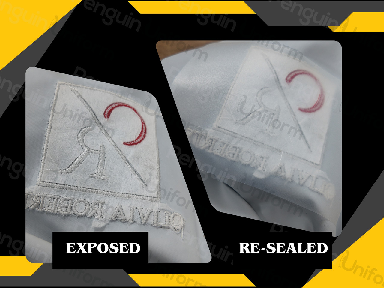 The inside of an embroidered waterproof jacket shown two ways: the exposed stitching and backing, and the same area after a waterproof membrane patch has been heat-sealed over it