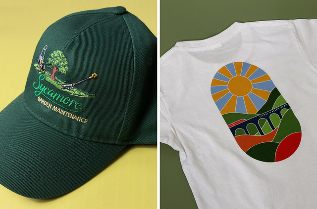 An embroidered garment and a printed garment photographed together, showing the two finishes side by side