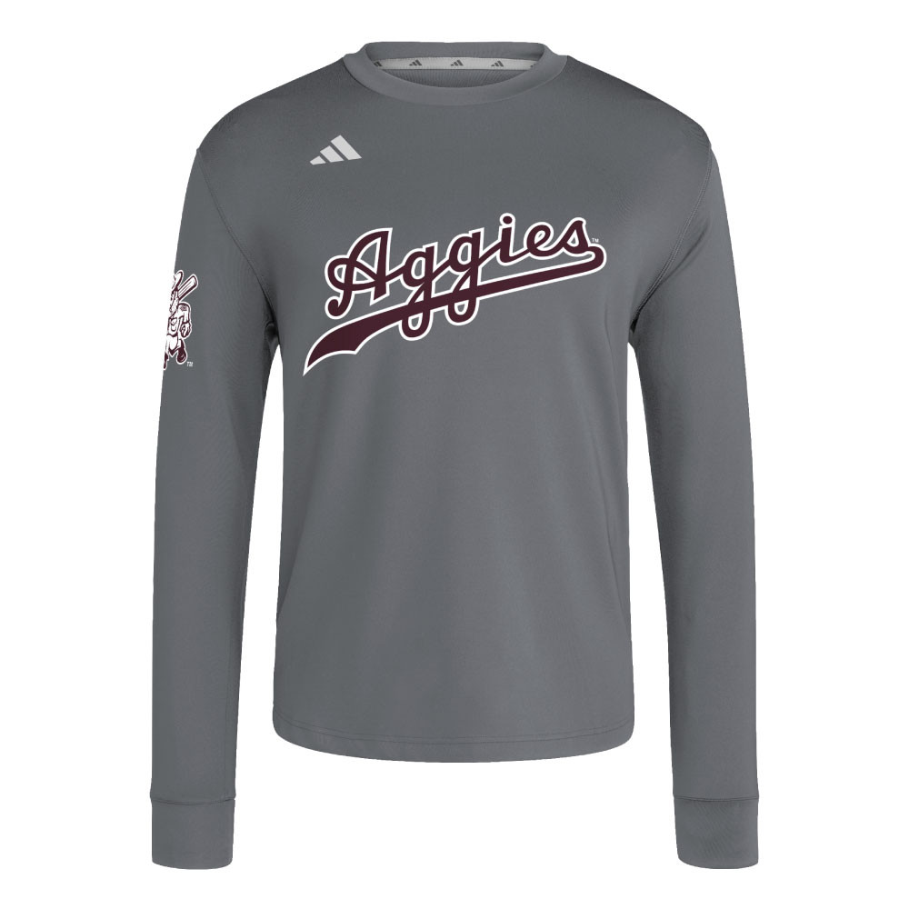 Adidas Script Aggies Dugout Crewneck with Ol' Sarge on Sleeve - Maroon U