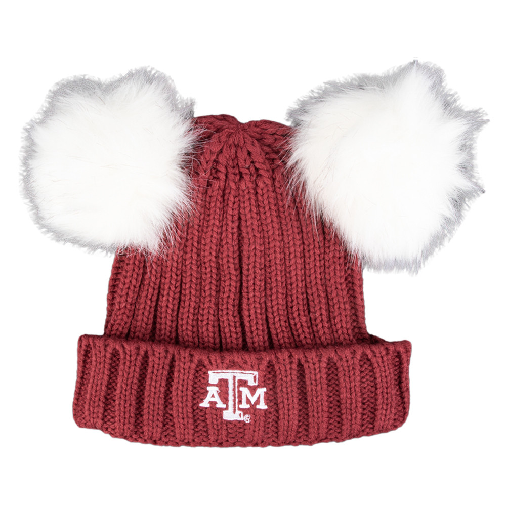 Maroon and White Two Pom Beanie - Maroon U