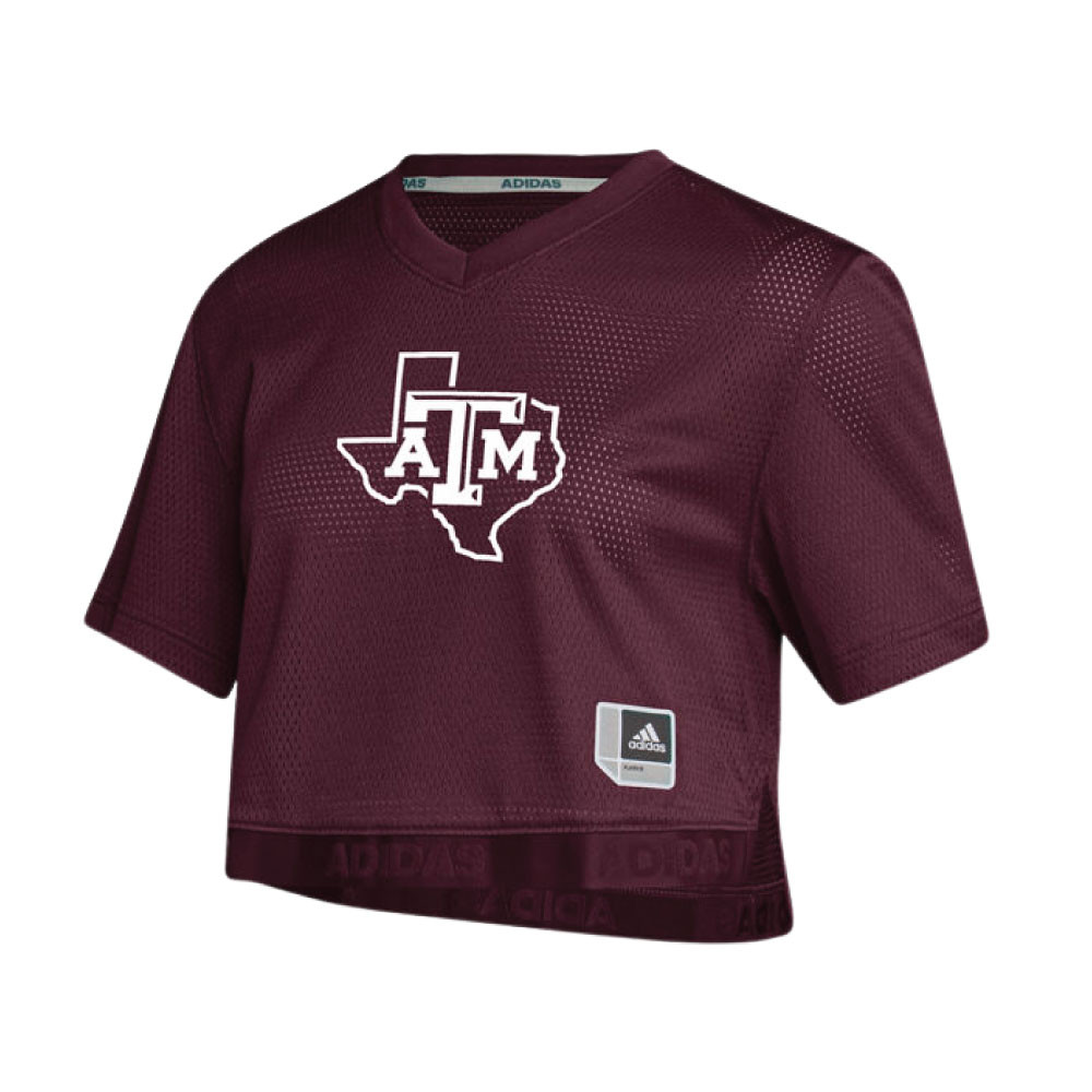 アディダス テキサスA＆M大学 アメフト ユニフォーム Adidas Women's Maroon Block ATM Graphic Crop Short Sleeve Jersey