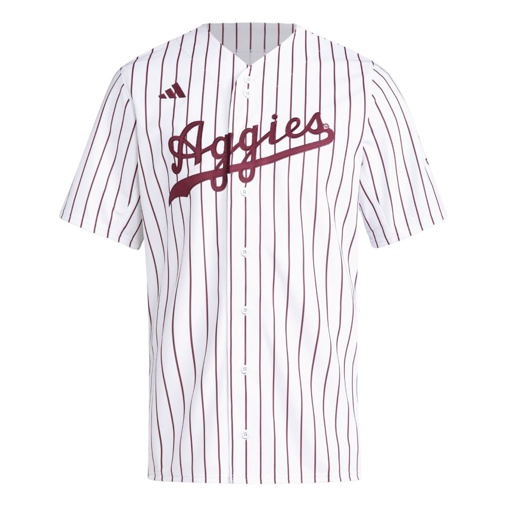 Adidas Script Aggies Baseball Pinstripe Jersey - White - Maroon U