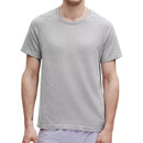 Men’s grey lululemon short sleeve performance training shirt featuring a lightweight textured upper panel, athletic fit, and breathable moisture wicking fabric designed for workouts and everyday wear.