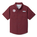Columbia Texas A&M Aggies youth maroon short sleeve button up shirt with chest logo and pockets.