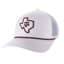 Legacy Texas A&M Aggies white trucker hat with maroon Texas state outline and ATM logo patch on the front.