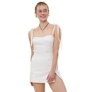 Sky to Moon white mini dress with adjustable tie straps and fitted silhouette