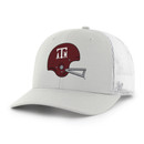 '47 Brand Texas A&M Aggies grey and white trucker hat featuring maroon Texas A&M helmet logo on the front