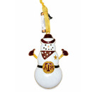 Kitty Keller Texas A&M snowman ornament featuring a white snowman with maroon cowboy hat, mittens and bandana, gold accents, A&M logo belt buckle, and sheer gold hanging ribbon.