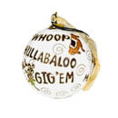 Kitty Keller round white Texas A&M Traditions ornament featuring a maroon A&M logo, gold accents, and Aggie sayings including Howdy, Gig ’Em, Whoop, Hullabaloo, Midnight Yell, Bonfire, and 1876.