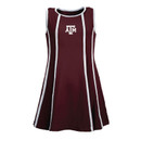 Youth maroon sleeveless Garb dress featuring white vertical stripe accents, a flared skirt, contrast trim at the neckline, and an embroidered Texas A&M logo on the chest.