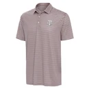 Antigua Texas A&M short sleeve polo featuring narrow maroon, gray, and white horizontal stripes, a classic collared neckline, and an embroidered A&M logo on the left chest.