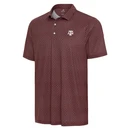 Antigua maroon Texas A&M short sleeve polo featuring an allover white football pattern, classic collared neckline, button placket, and an embroidered white A&M logo on the left chest.