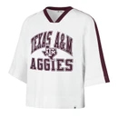 White ’47 Brand crop jersey featuring maroon Texas A&M Aggies graphics on the front, a V-neck collar, maroon sleeve stripes, oversized short sleeves, and breathable mesh fabric.