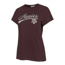 Maroon ’47 Brand women's tee featuring script "Aggies" lettering across the chest, a Texas A&M logo underneath, short sleeves, and a classic fitted silhouette for everyday Aggie style.