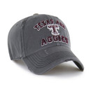 Gray distressed ’47 Brand cap featuring embroidered Texas A&M Aggies lettering and logo on the front, worn vintage details, adjustable strap back closure, and an EST. 1876 pennant patch on the back.