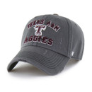 Gray distressed ’47 Brand cap featuring embroidered Texas A&M Aggies lettering and logo on the front, worn vintage details, adjustable strap back closure, and an EST. 1876 pennant patch on the back.