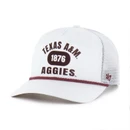 White ’47 Brand Texas A&M trucker cap featuring maroon Texas A&M, 1876, and Aggies graphics, a maroon rope accent, curved bill, mesh back panels, and adjustable snapback closure.