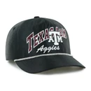 Black ’47 Brand Texas A&M cap featuring layered maroon and white Texas A&M, A&M logo, and Aggies embroidery, white rope detailing, curved bill, and adjustable snapback closure.