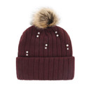 Maroon ’47 Brand Texas A&M ribbed knit beanie featuring a white embroidered A&M logo, scattered pearl-like embellishments, folded cuff, and fluffy tan and black faux-fur pom.