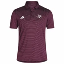 adidas Texas A&M short sleeve polo featuring fine maroon and dark horizontal stripes, a classic collar, three-button placket, white adidas logo, and embroidered A&M logo on the chest.