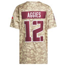 adidas Texas A&M camo football jersey featuring maroon number 12 graphics, Aggies back nameplate, SEC logo, Texas flag sleeve patch, and tan camouflage print for the October 3rd Arkansas game.