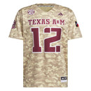 adidas Texas A&M camo football jersey featuring maroon number 12 graphics, Aggies back nameplate, SEC logo, Texas flag sleeve patch, and tan camouflage print for the October 3rd Arkansas game.