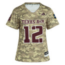 Women's adidas Texas A&M Salute to Service Strategy Jersey featuring tan camo print, maroon Texas A&M and number 12 graphics, Aggies back nameplate, and Texas-inspired sleeve details.