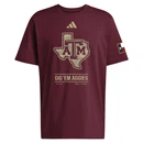 Adidas Texas A&M Aggies maroon t shirt featuring Texas state outline with ATM logo, Gig Em Aggies text, and Texas flag patch on sleeve