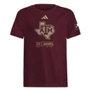 Adidas Texas A&M Aggies youth maroon t shirt featuring Texas state outline with ATM logo and Texas flag patch on sleeve