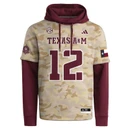 adidas Texas A&M Salute to Service jersey hoodie featuring tan camouflage, maroon hood and sleeves, Texas A&M and Aggies graphics, number 12, SEC logo, and Texas flag patch.