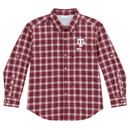 Columbia Harbor Peak long-sleeve button-down shirt featuring maroon, white, and gray plaid, a white Texas A&M logo above the chest pocket, button cuffs, roll-up sleeve tabs, and PFG branding on the back.