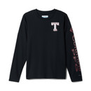Black Columbia youth long sleeve crewneck tee featuring a maroon and white Texas A&M block T graphic on the left chest, large maroon Columbia logo down one sleeve, and a plain black back.