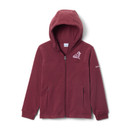 Maroon Columbia youth full zip fleece hoodie featuring a white Reveille mascot graphic on the left chest, attached hood, long sleeves, ribbed cuffs, zippered hand pockets, and a plain maroon back.