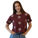 Gameday Social maroon Texas A&M cropped tee featuring short sleeves, a relaxed cropped silhouette, and an allover repeating A&M logo print across the front, back, and sleeves.