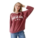 Maroon Gameday Social Texas A&M sweatshirt featuring white Texas A&M graphics, stars, polo collar, striped V-neckline, white piping, contrast sleeve stripes, white cuffs, and a relaxed fit.