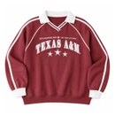 Maroon Gameday Social Texas A&M sweatshirt featuring white Texas A&M graphics, stars, polo collar, striped V-neckline, white piping, contrast sleeve stripes, white cuffs, and a relaxed fit.