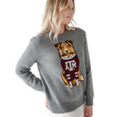 Gameday Social heather gray Texas A&M sweater featuring a large knit-style Reveille mascot graphic wearing a maroon A&M sweater, with a crew neckline, long sleeves, and ribbed trim.