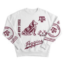 White Gameday Couture Texas A&M oversized crewneck sweatshirt featuring maroon Aggies graphics, Reveille illustrations, A&M logos, Gig 'Em lettering, and Texas A&M University designs across the front, back, and sleeves.