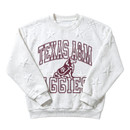 White Gameday Couture Texas A&M crewneck sweatshirt featuring raised textured stars throughout, maroon outlined Texas A&M Aggies lettering, a Reveille mascot graphic, long sleeves, and ribbed cuffs and hem.