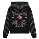 Black Gameday Couture Texas A&M full zip hoodie featuring sparkling silver rhinestone stripes across the front, sleeves, and hood, with maroon and white Aggies graphics and Gig 'Em lettering on the back.