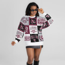 Gameday Couture Texas A&M crewneck sweatshirt featuring an allover maroon, black, gray, and white patchwork design with vintage Aggies lettering, Reveille graphics, football helmets, number 12, and Gig 'Em symbols.