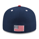 New Era Texas A&M navy fitted hat back view with embroidered American flag patch, Aggies structured collegiate baseball cap.