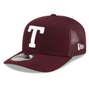 New Era Texas A&M maroon trucker cap with white T logo on front and mesh back, Aggies adjustable snapback style hat.