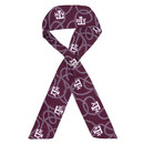 ZooZatz Texas A&M maroon satin skinny scarf featuring repeating white A&M logos, gray rope graphics, and a silver-tone twisted ring, shown styled around the neck and tied at the wrist.