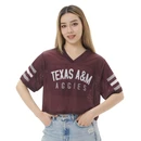 ZooZatz maroon Texas A&M cropped mesh jersey tee with V-neckline, white sleeve stripes, Texas A&M Aggies front lettering, and large A&M logo with Texas A&M University and Gig ’Em Aggies on back.